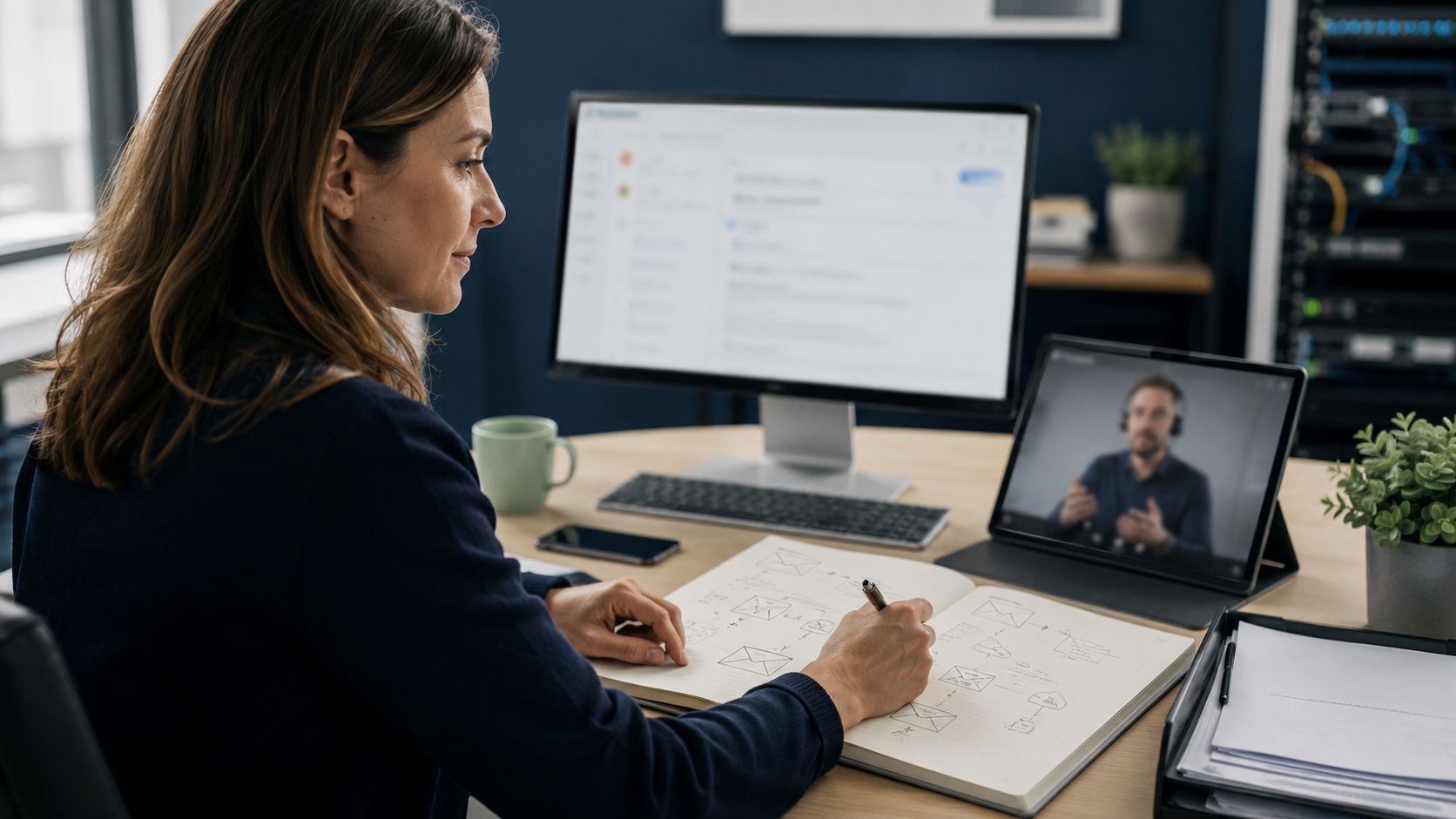 Personne organisant sa messagerie professionnelle à l'écran.