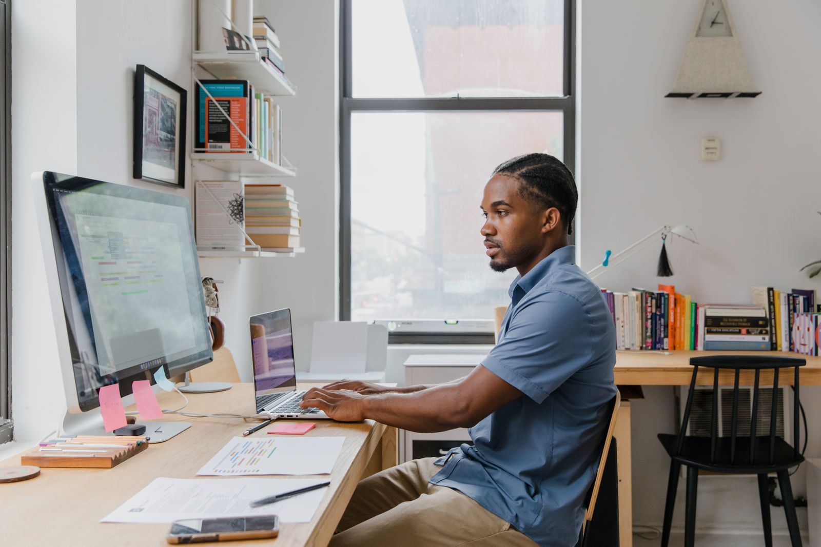 Small business workstation with an office suite on screen.