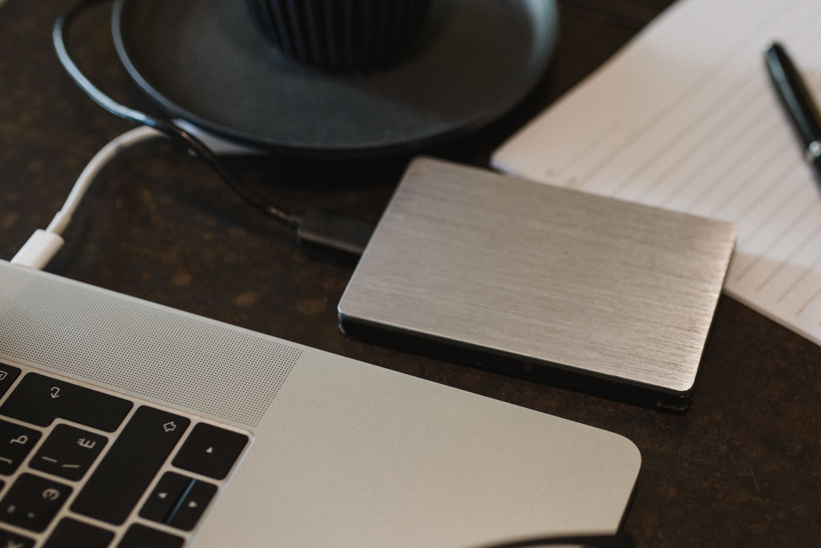 External backup drive on a professional desk.